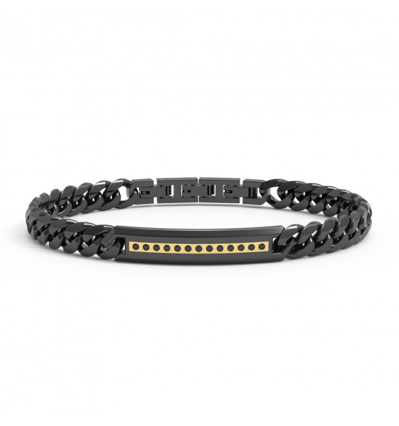 Bracciale Uomo 4US Cesare Paciotti in Acciaio Nero con Targa in Oro 18kt e Spinelli Neri - 4UBR7671