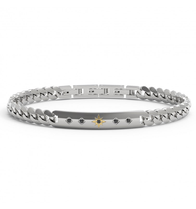 Bracciale Uomo 4US Cesare Paciotti in Acciaio con Targa Rosa dei Venti in Oro 18kt e Spinelli Neri - 4UBR7669