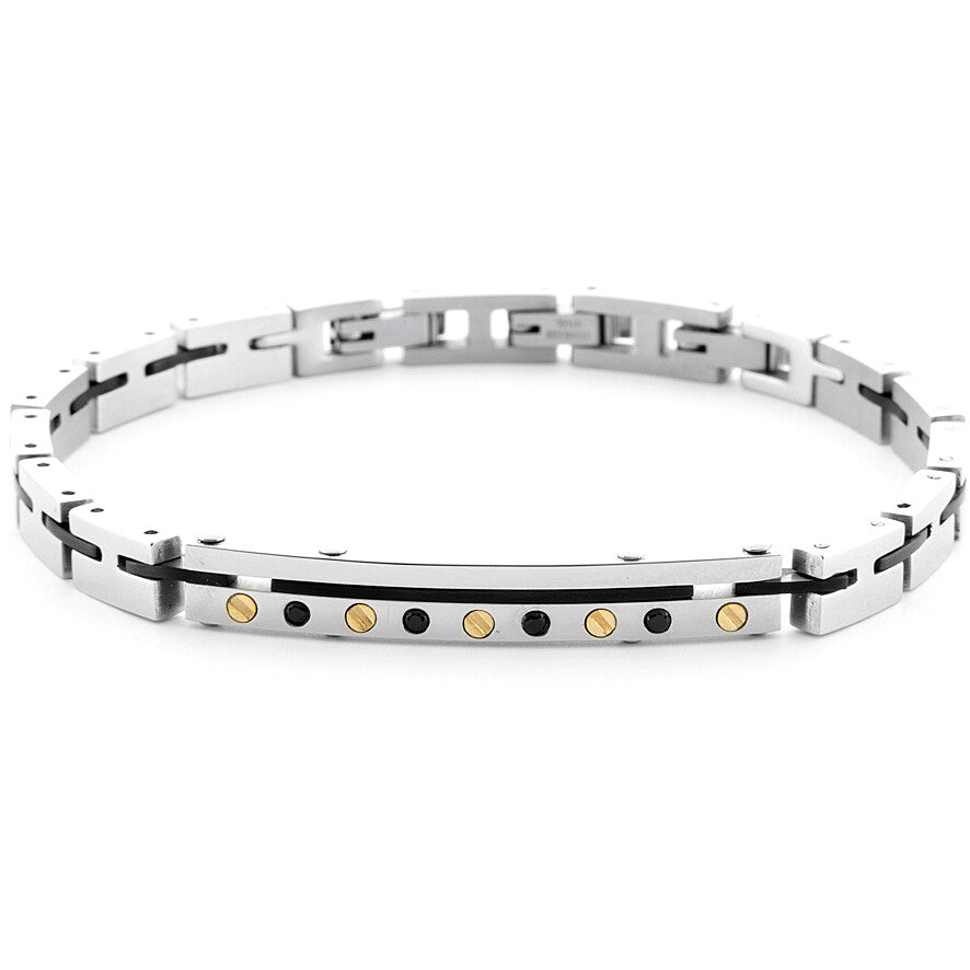 Bracciale Uomo 4US Cesare Paciotti in Acciaio e Oro 18kt con Targa e Spinelli Neri - 4UBR6948