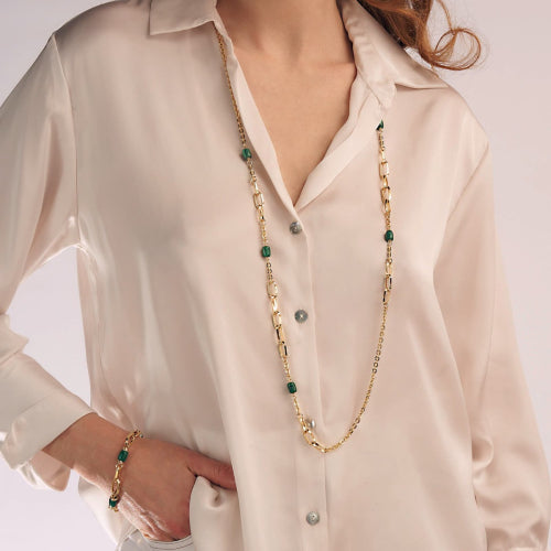 Collana Unoaerre Lunga Essenza Dorata con Malachite Verde 2198