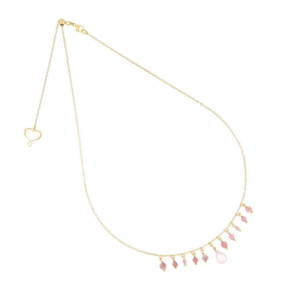 Girocollo Maman et Sophie - Gocce con Tormalina e Quarzo Rosa, Cuore Dorato - GCGCCTOQR