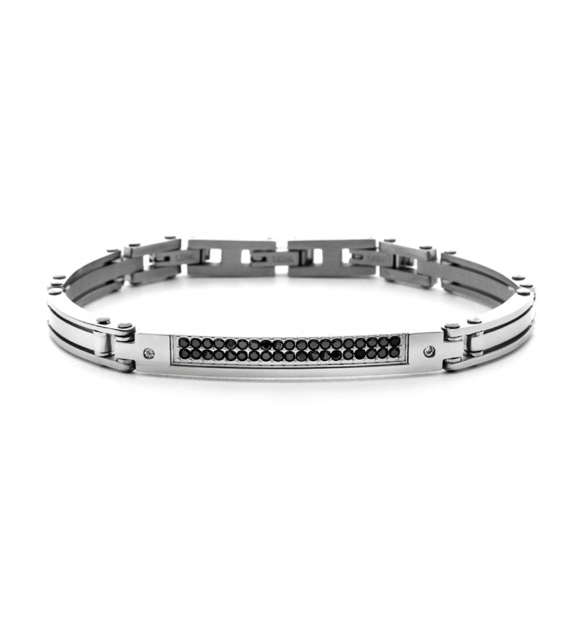Bracciale Uomo 4US Cesare Paciotti - Acciaio con Targa e Doppia Fila di Zirconi Neri 4UBR7567