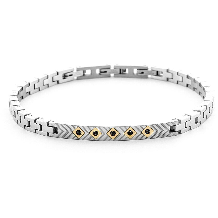 Bracciale Uomo 4US Cesare Paciotti - Acciaio con Targa, Oro 18kt e Spinelli Neri - 4UBR6936
