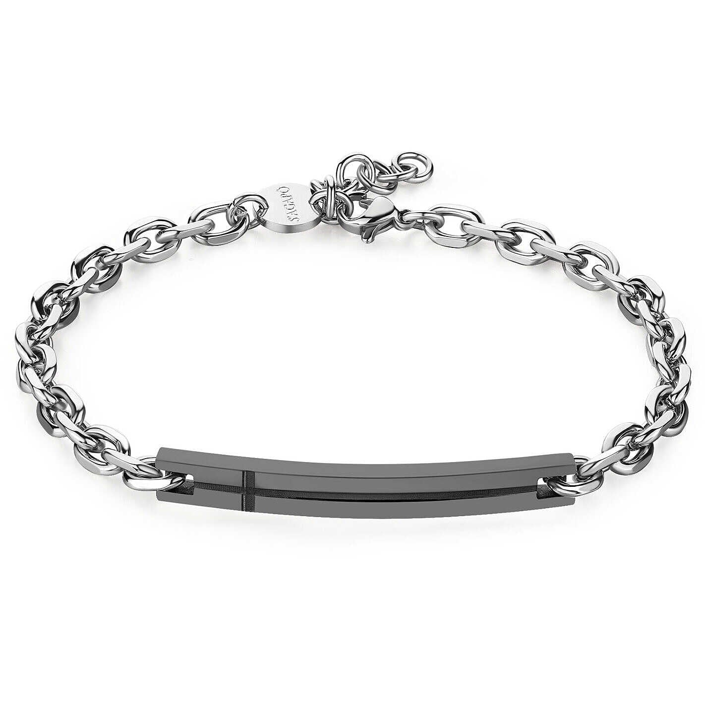 Bracciale maschile S’Agapõ Proud SPD22 in acciaio con finitura rutenio grigio scuro e placca centrale liscia - Alfano Gioielli Palermo.