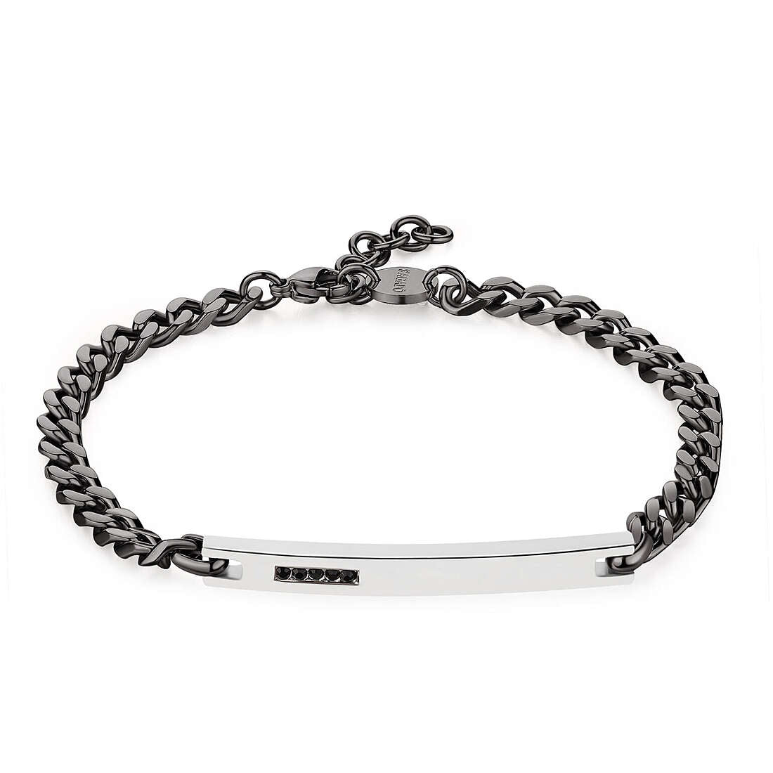 Bracciale maschile S’Agapõ Proud SPD24 in acciaio finitura rutenio grigio scuro con placca centrale e cristalli neri - Alfano Gioielli Palermo.