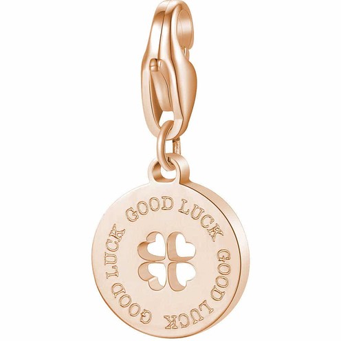 Charm unisex S’Agapõ Happy a forma di quadrifoglio con incisione Good Luck in acciaio oro rosa - Alfano Gioielli Palermo.