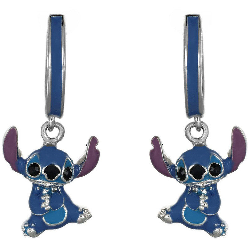 Orecchini pendenti Disney Stitch in argento 925 con volto smaltato azzurro e rosa - Alfano Gioielli Gioielleria Palermo.