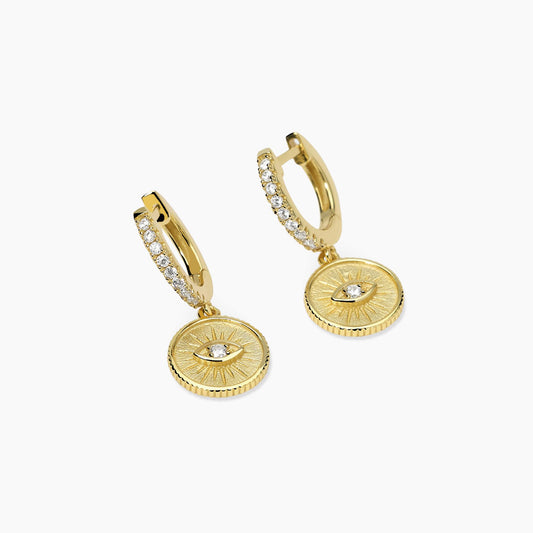 Orecchini a cerchio da donna Mabina 563974 in argento placcato oro 18K con ciondolo occhio portafortuna e zirconi bianchi - Alfano Gioielli Palermo.