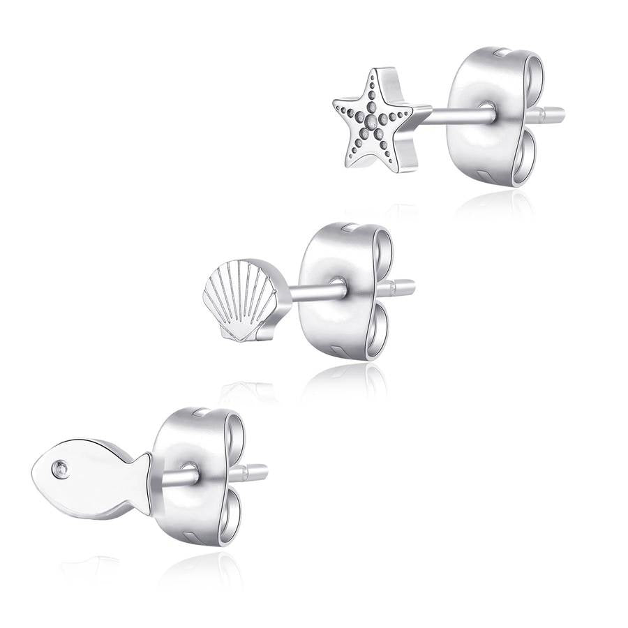 Set tris di orecchini a lobo Sagapò Click SCK165 in acciaio silver con forme di pesciolino, stella marina e conchiglia - Alfano Gioielli Palermo.