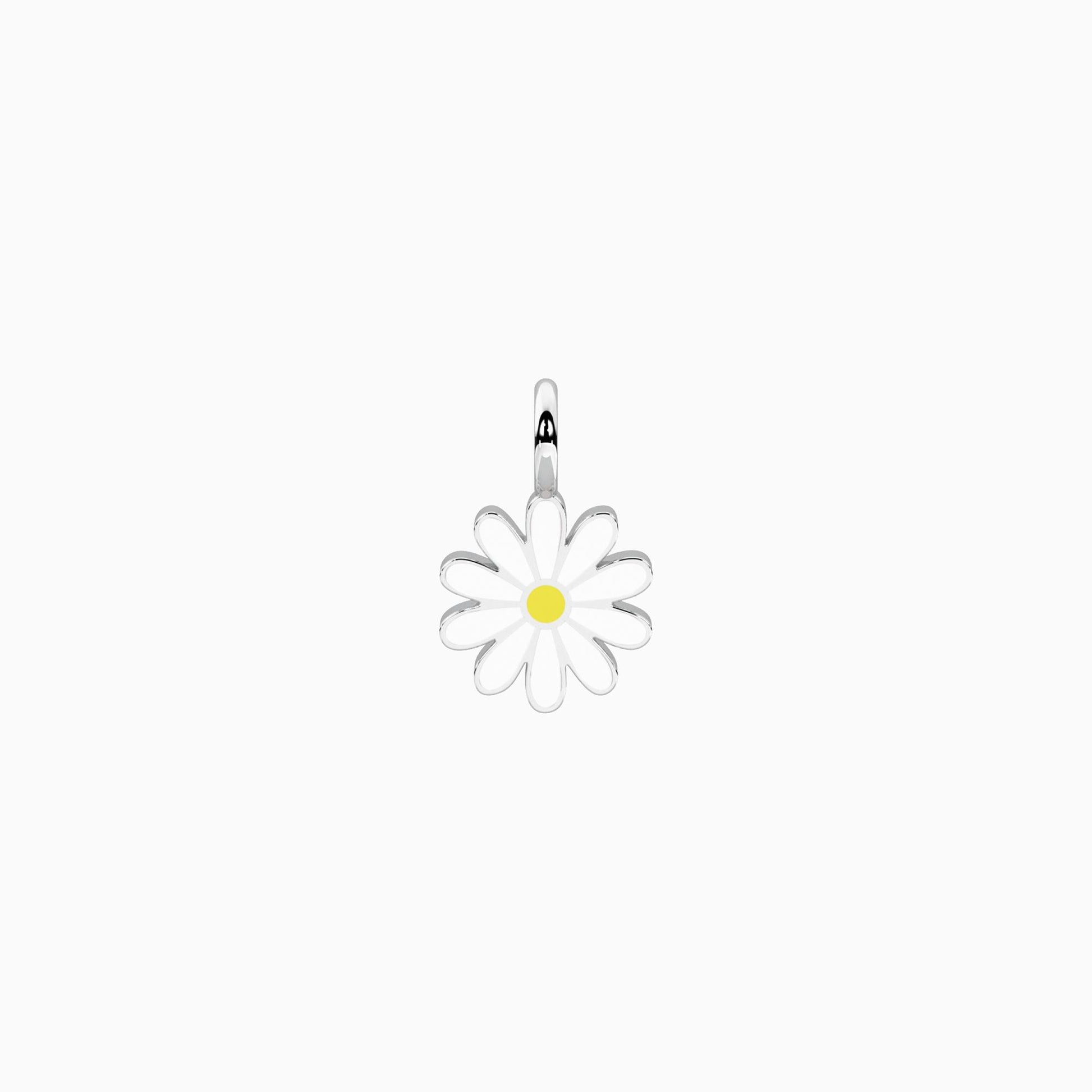 Ciondolo sagomato a forma di margherita Kidult in acciaio silver con smalto bianco e punto luce centrale per personalizzazione gioielli - Alfano Gioielli Gioielleria Palermo.