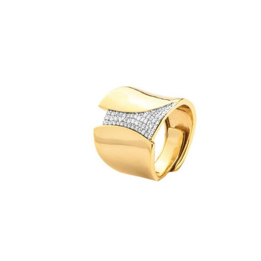 Anello a fascia da donna 4US Cesare Paciotti con finitura dorata lucida e logo centrale del pugnale a rilievo. Design minimalista senza pietre.