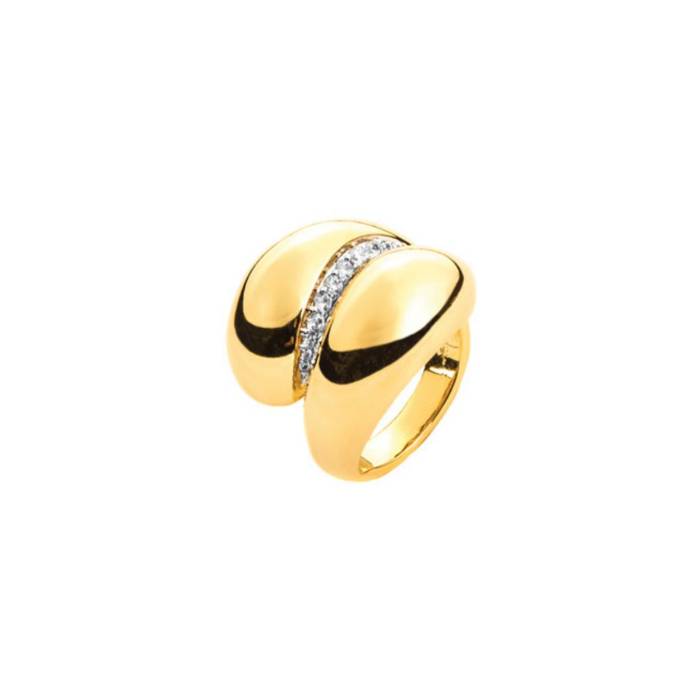 Anello a fascia da donna 4US Cesare Paciotti con finitura dorata, superficie ricoperta di zirconi bianchi e logo del pugnale a rilievo al centro.