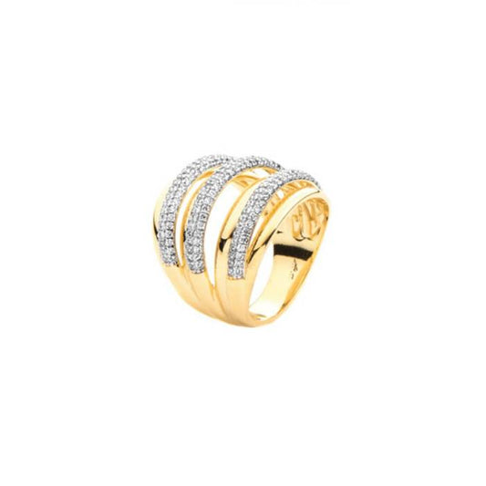Anello da donna a fascia in acciaio con finitura dorata lucida. La parte superiore dell'anello presenta una placca piatta rettangolare interamente ricoperta da piccoli zirconi bianchi incastonati. Al centro del pavé risalta l'iconico logo del pugnale Cesare Paciotti realizzato a rilievo in oro lucido.