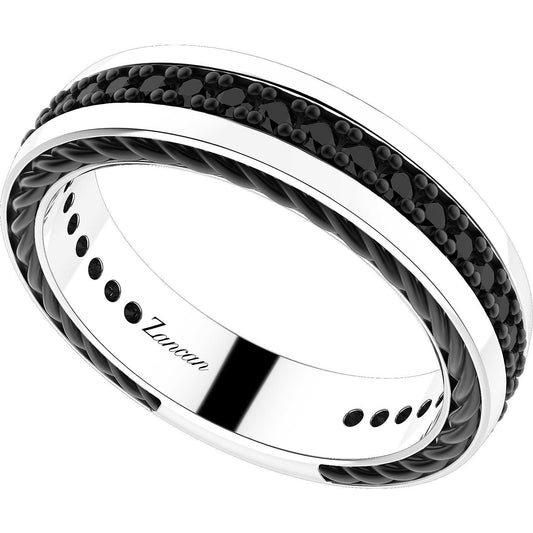 Anello da uomo a fascia Zancan Cosmopolitan in argento brunito con inserto centrale in oro rosa 18kt e spinelli neri.