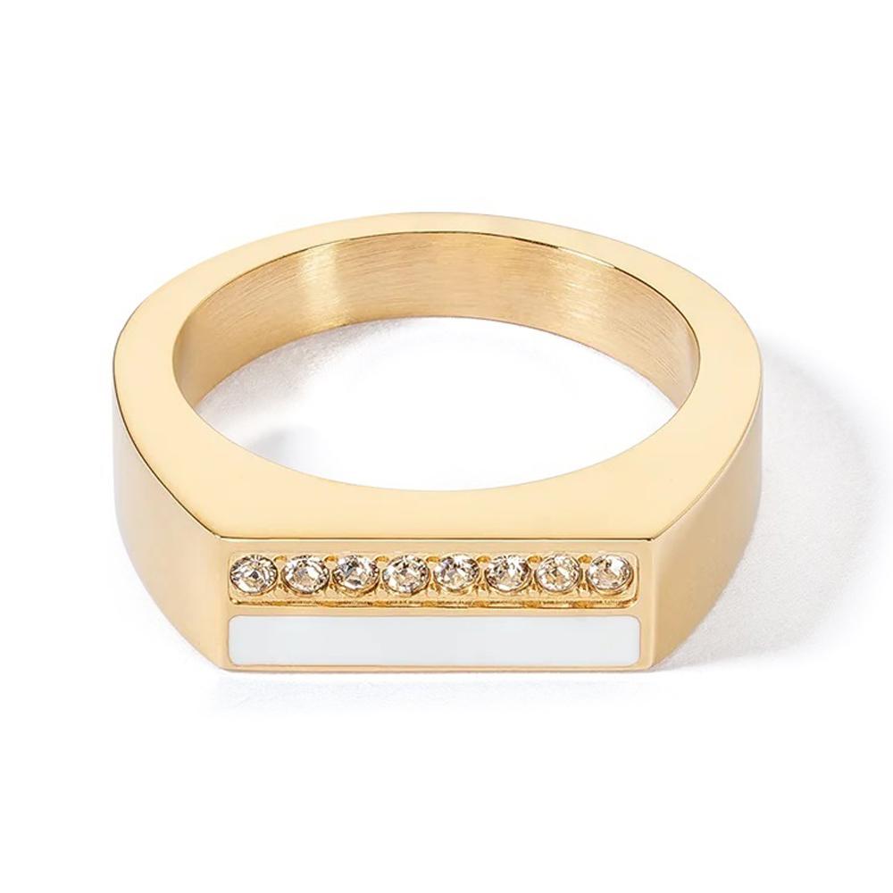 Anello a fascia Coeur de Lion Square Stripes in acciaio oro rosa con intarsi bianchi e beige - Alfano Gioielli