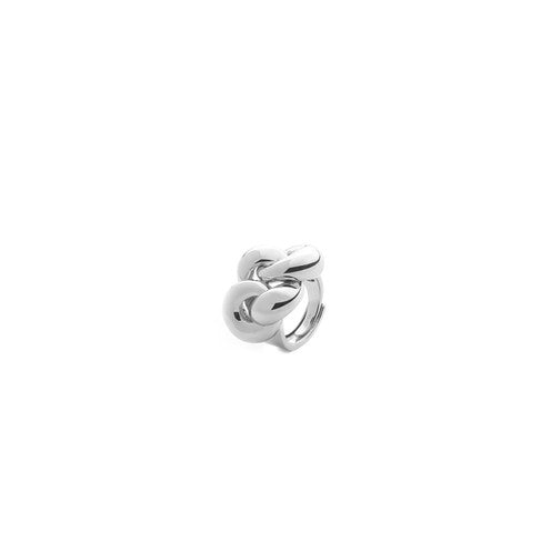 Anello a fascia da donna 4US Cesare Paciotti in acciaio con trama a catena e placca centrale ricoperta di zirconi bianchi con logo pugnale - Alfano Gioielli