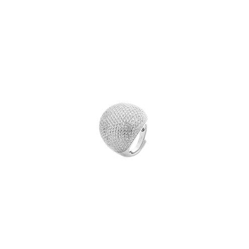 Anello da donna 4US Cesare Paciotti collezione Pavè in acciaio con cupola di zirconi bianchi e logo pugnale centrale a rilievo - Alfano Gioielli