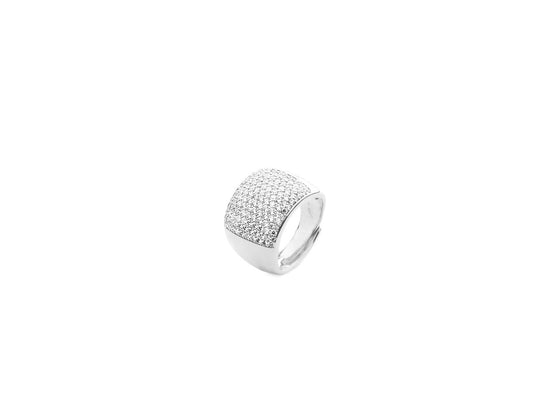 Anello da donna 4US Cesare Paciotti in acciaio con placca esagonale ricoperta di pavé di zirconi bianchi e logo pugnale centrale - Alfano Gioielli