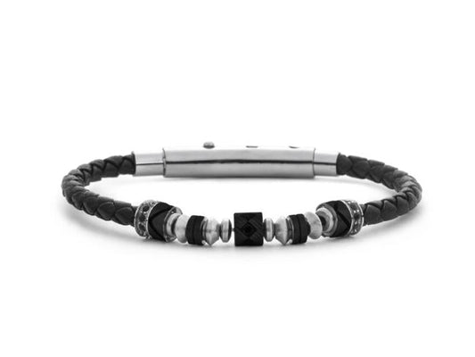Bracciale 4US - Acciaio Inossidabile e Pelle Nera 4UBR7861