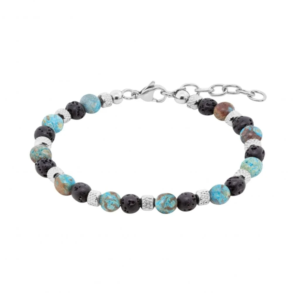 Bracciale ChiMiAma con sfere di pietra lavica nera, agata celeste e inserti in acciaio inossidabile - Alfano Gioielli