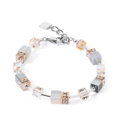 Bracciale Coeur de Lion GeoCUBE® Iconic in acciaio oro rosa con cubi multicolore e cristalli - Alfano Gioielli
