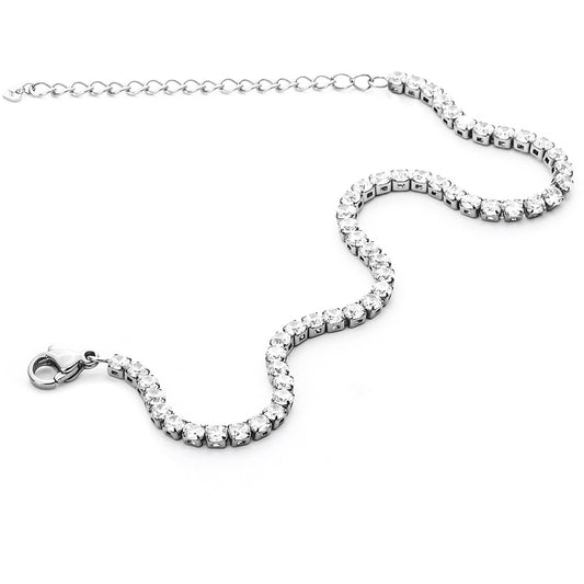 Bracciale da donna 4US Cesare Paciotti in acciaio con finitura oro rosa lucida. La catena groumette sostiene due ciondoli: una medaglia con logo 4US e il classico pugnale tridimensionale in tinta rose gold.