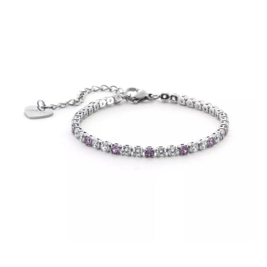 Bracciale da donna in acciaio inossidabile lucido composto da una catenina a maglie sottili e un pendente centrale sagomato con la forma del pugnale di Cesare Paciotti. La superficie frontale del ciondolo è interamente impreziosita da piccoli zirconi bianchi brillanti incastonati, che risaltano sulla struttura metallica specchiata.