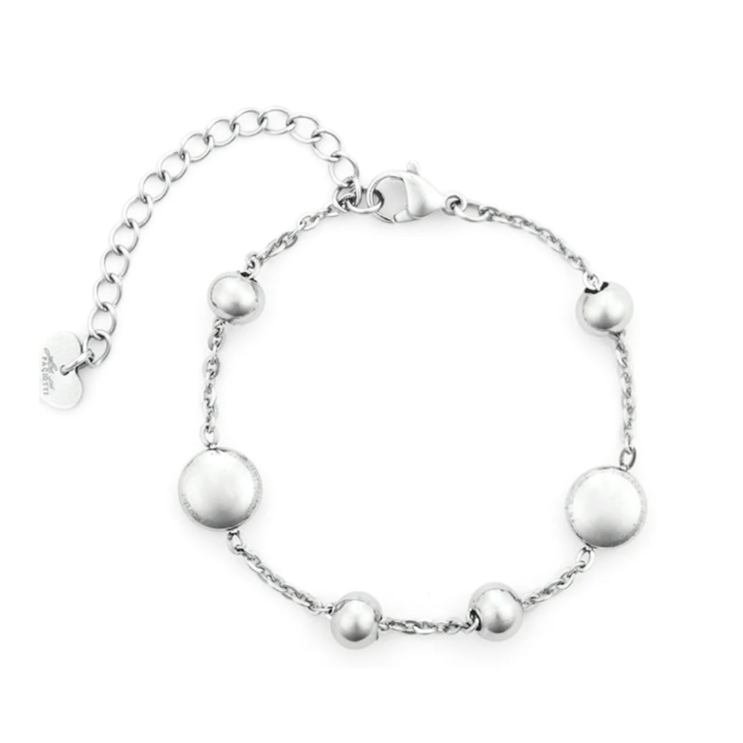 Bracciale da donna 4US Cesare Paciotti in acciaio con elemento centrale a forma di cerchio tempestato di zirconi bianchi e pugnale al centro.