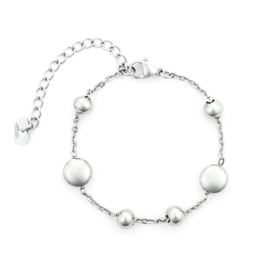 Bracciale da donna 4US Cesare Paciotti in acciaio con elemento centrale a forma di cerchio tempestato di zirconi bianchi e pugnale al centro.