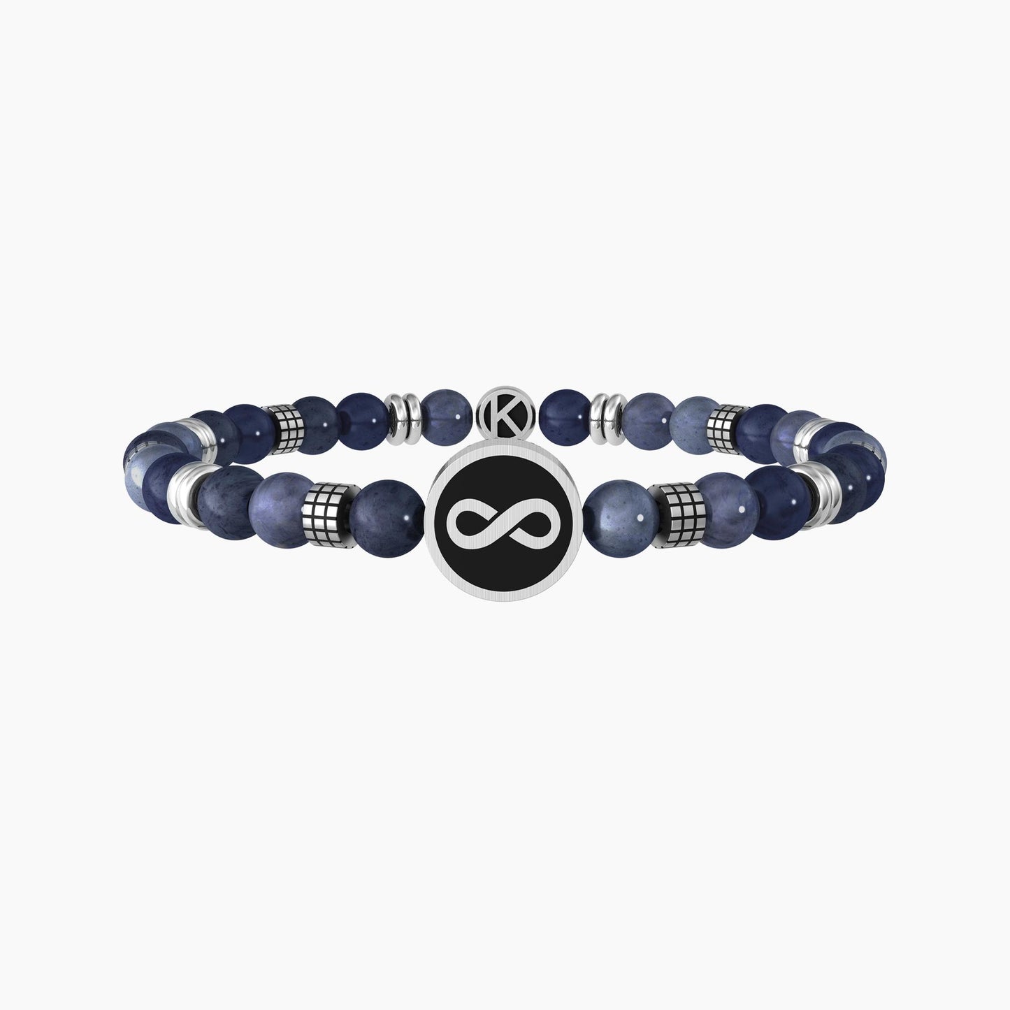 Bracciale elastico Kidult con sfere in acciaio e ciondolo rotondo con simbolo infinito e scritta Family.