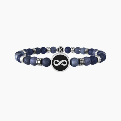 Bracciale elastico Kidult con sfere in acciaio e ciondolo rotondo con simbolo infinito e scritta Family.