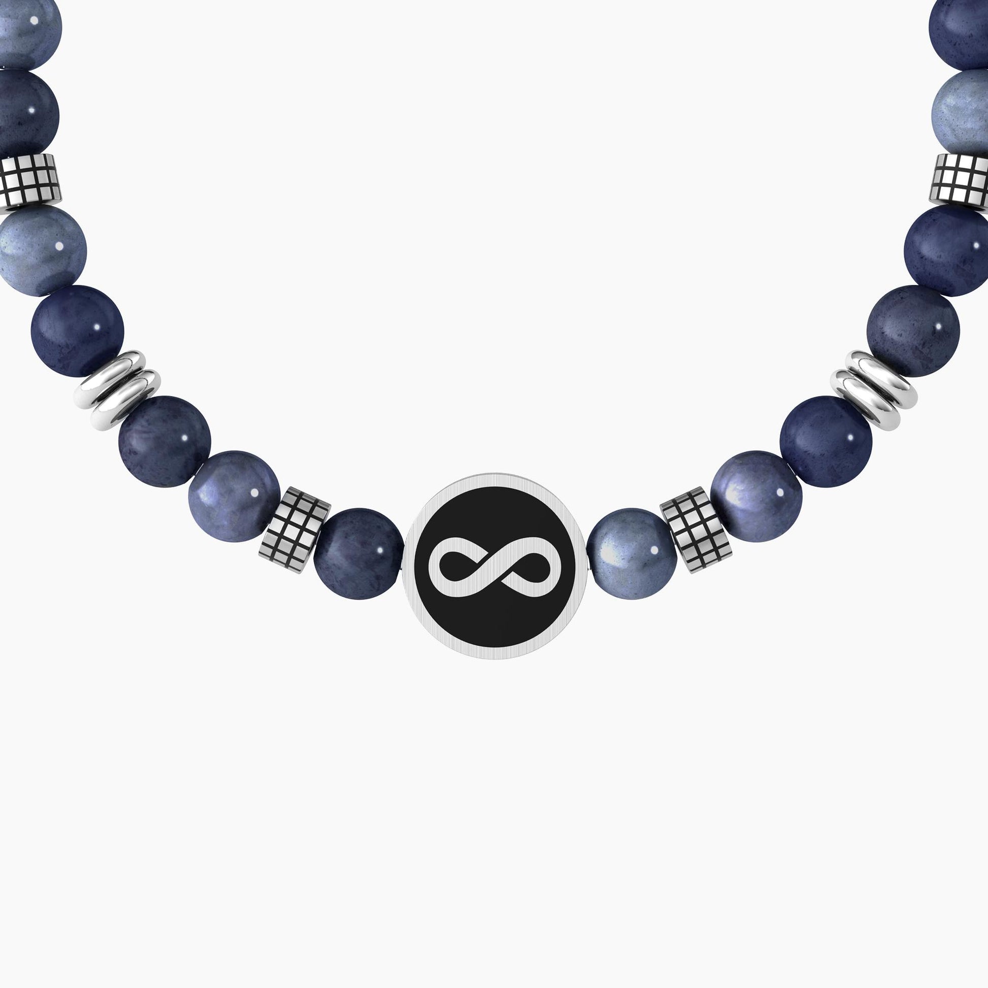 Bracciale elastico Kidult con sfere in acciaio e ciondolo rotondo con simbolo infinito e scritta Family.