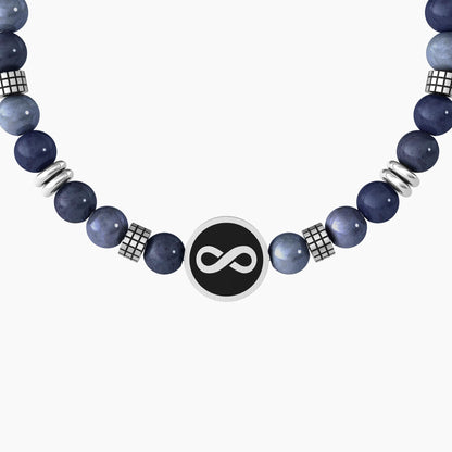 Bracciale elastico Kidult con sfere in acciaio e ciondolo rotondo con simbolo infinito e scritta Family.