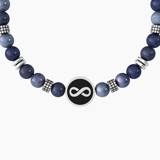 Bracciale elastico Kidult con sfere in acciaio e ciondolo rotondo con simbolo infinito e scritta Family.