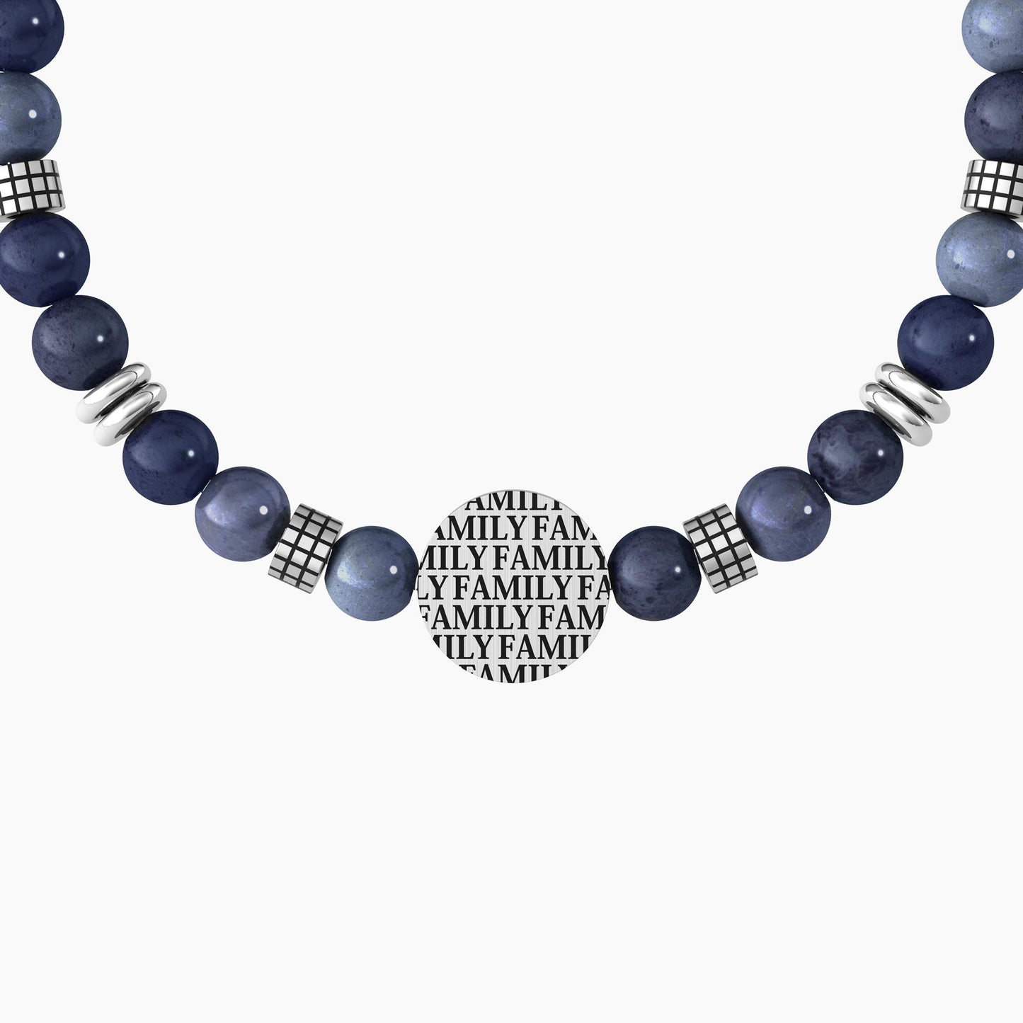 Bracciale elastico Kidult con sfere in acciaio e ciondolo rotondo con simbolo infinito e scritta Family.