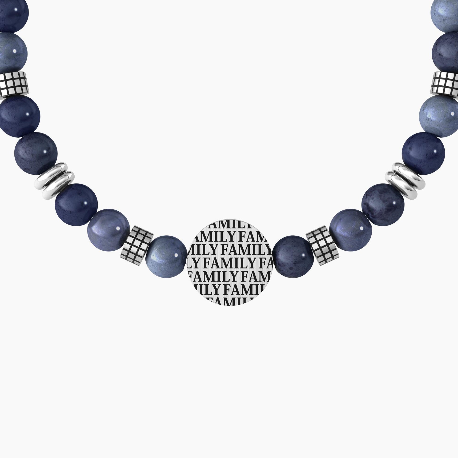 Bracciale elastico Kidult con sfere in acciaio e ciondolo rotondo con simbolo infinito e scritta Family.