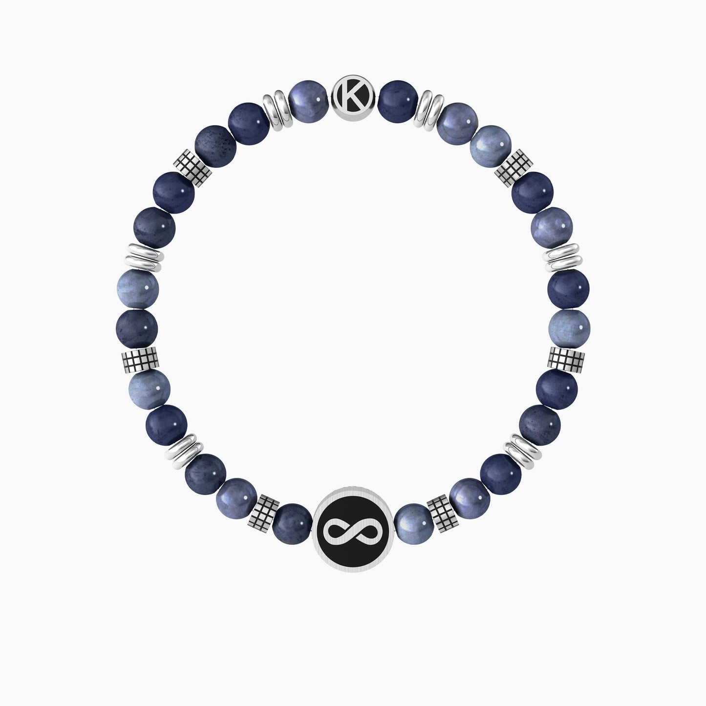 Bracciale elastico Kidult con sfere in acciaio e ciondolo rotondo con simbolo infinito e scritta Family.