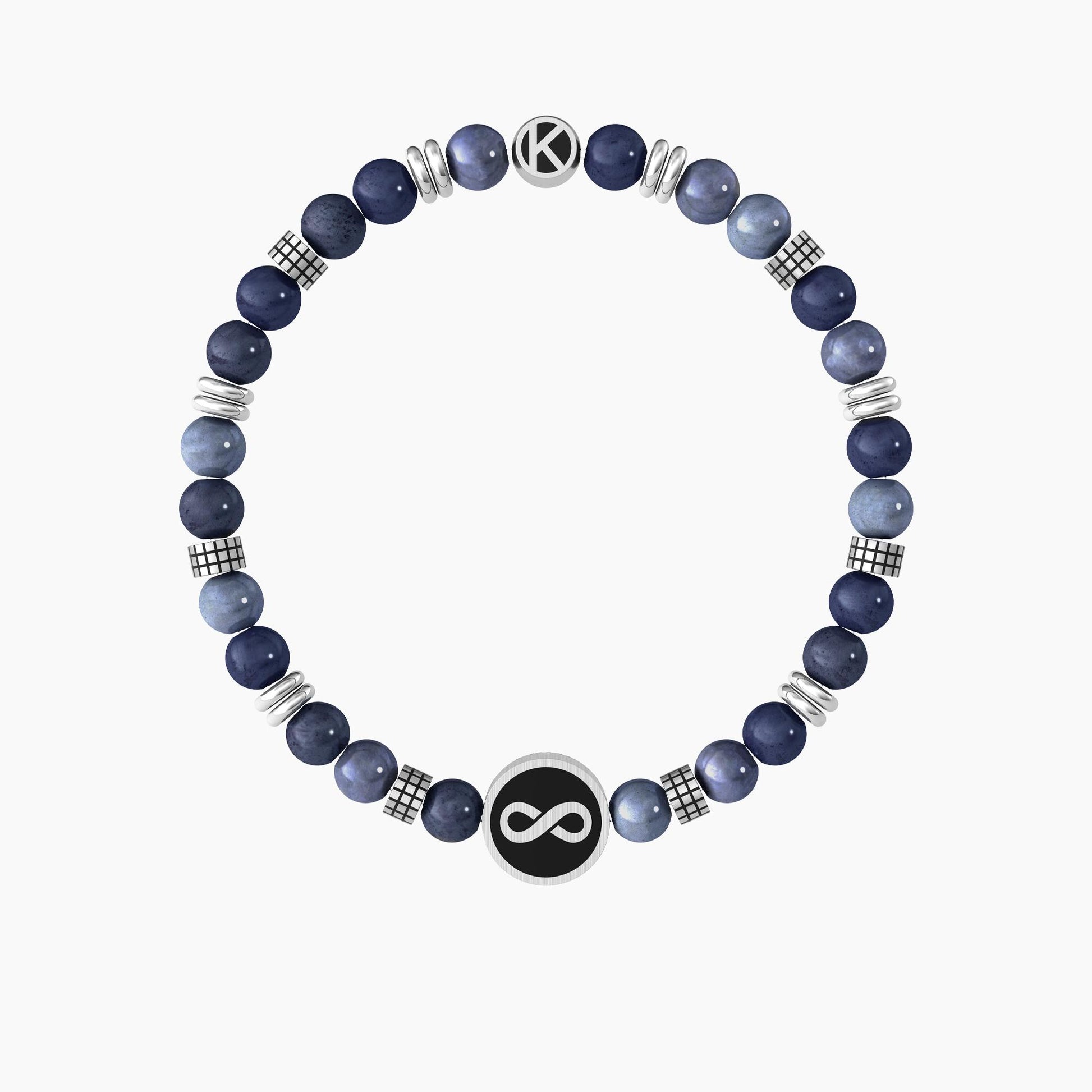 Bracciale elastico Kidult con sfere in acciaio e ciondolo rotondo con simbolo infinito e scritta Family.