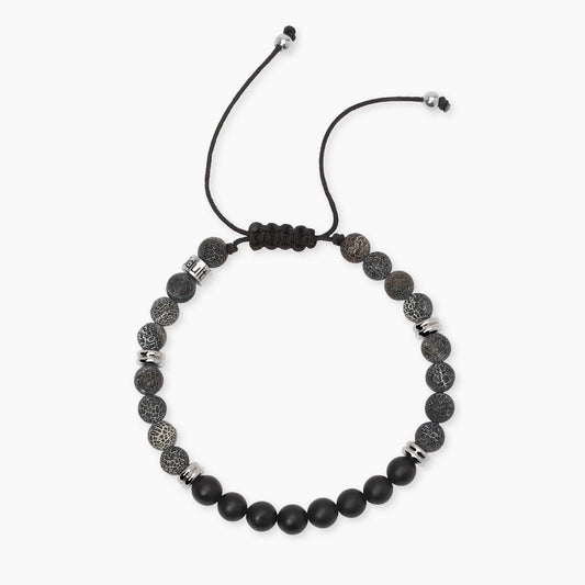 Bracciale Kidult con cordino nero, sfere di agata nera e dettagli in acciaio lucido - Alfano Gioielli Gioielleria Palermo.