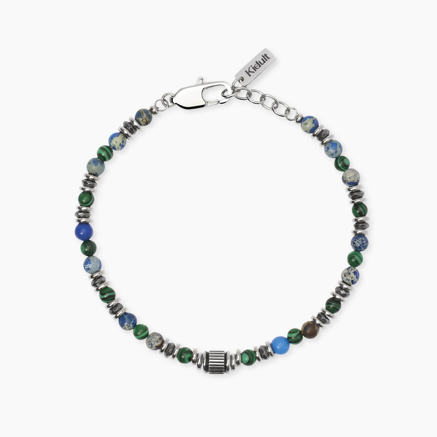 Bracciale Kidult in acciaio silver con pietre naturali di agata verde alternate lungo la catena - Alfano Gioielli Gioielleria Palermo.
