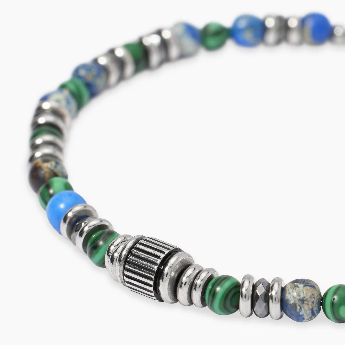 Bracciale Kidult in acciaio silver con pietre naturali di agata verde alternate lungo la catena - Alfano Gioielli Gioielleria Palermo.