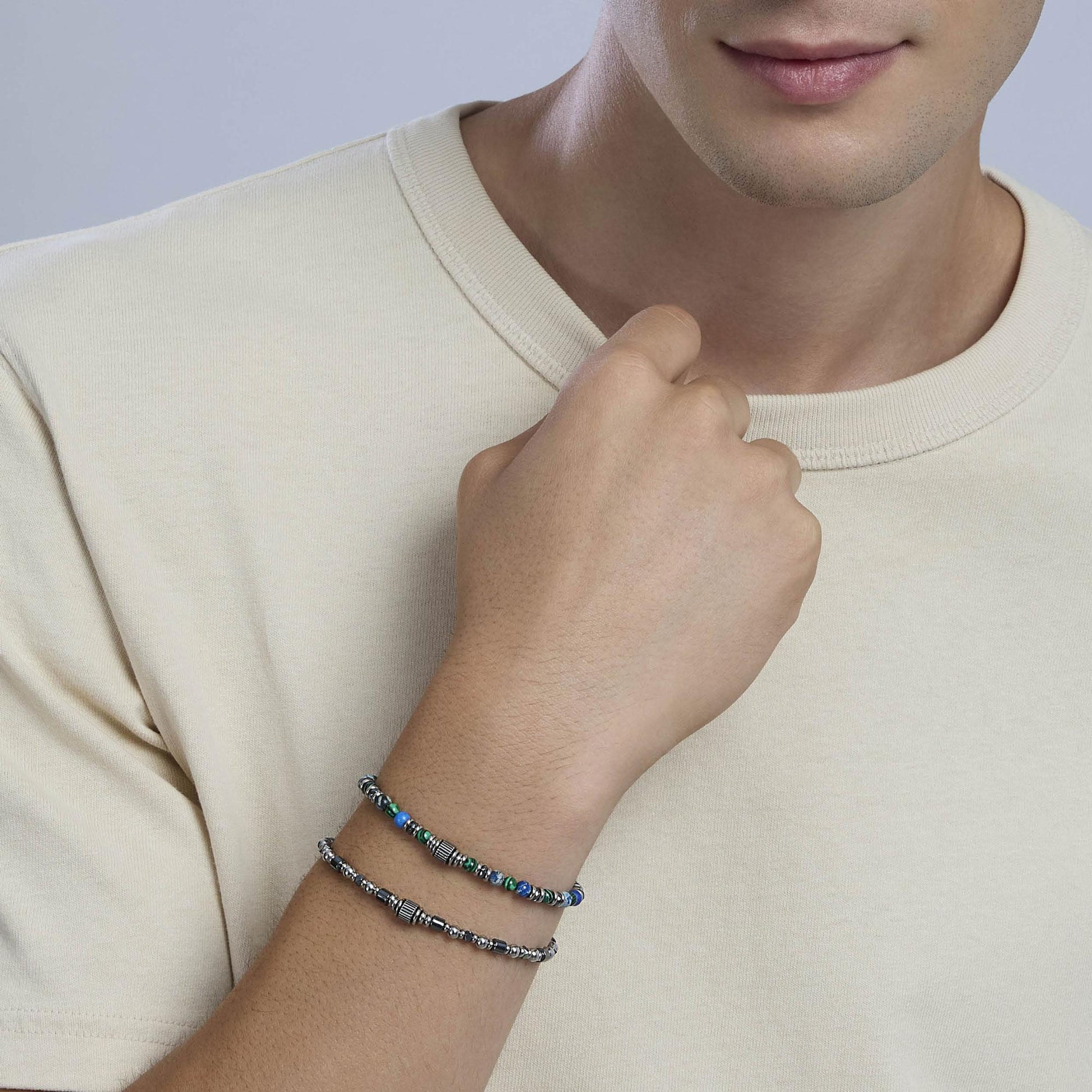 Bracciale Kidult in acciaio silver con pietre naturali di agata verde alternate lungo la catena - Alfano Gioielli Gioielleria Palermo.