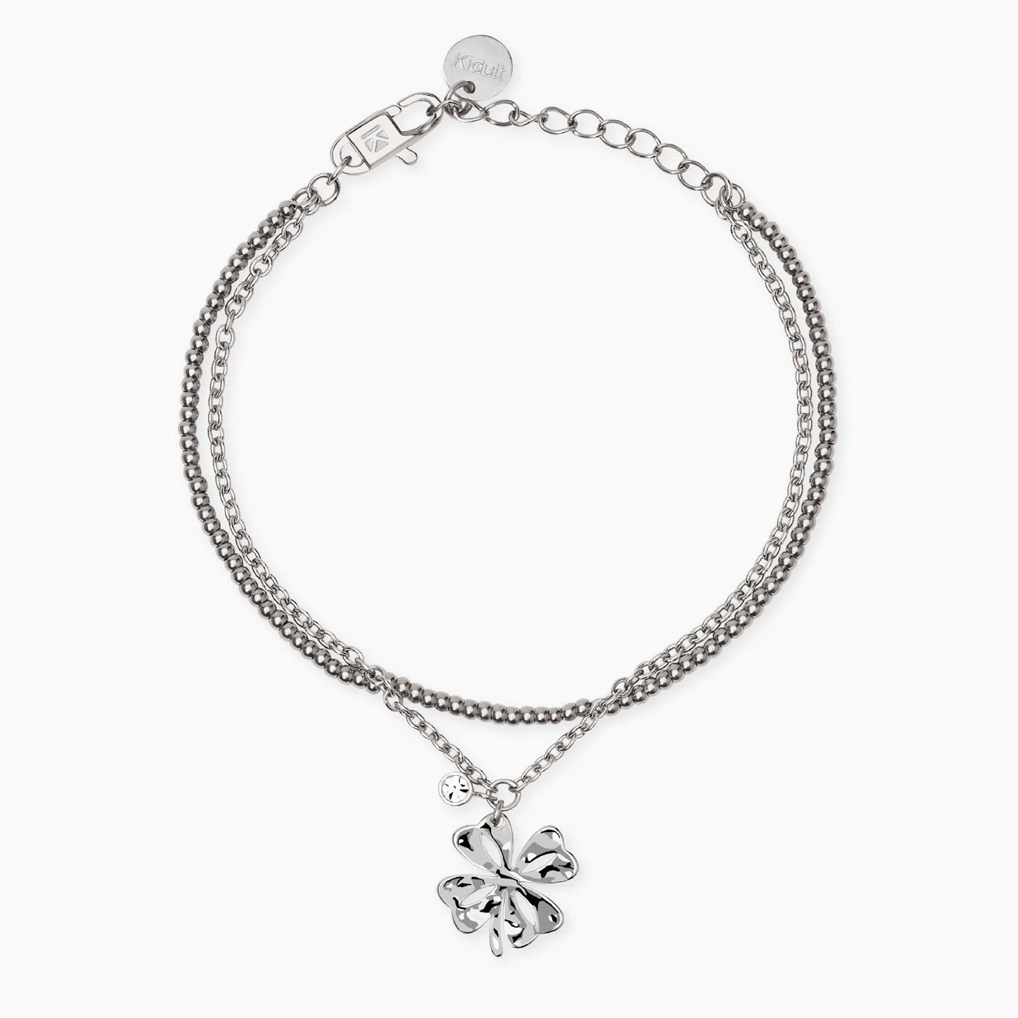 Bracciale Kidult in acciaio oro giallo con pietre naturali di quarzo rosa e ciondolo centrale a forma di cuore lucido.