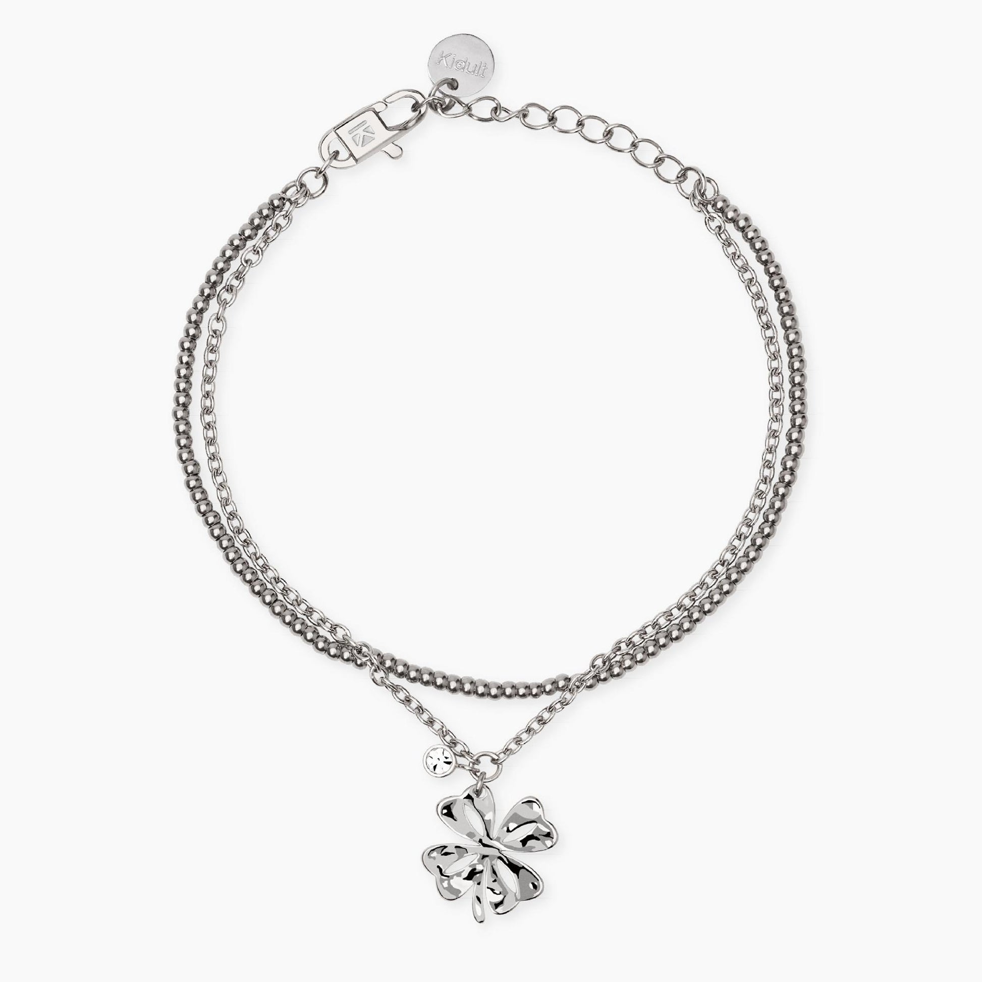 Bracciale Kidult in acciaio oro giallo con pietre naturali di quarzo rosa e ciondolo centrale a forma di cuore lucido.