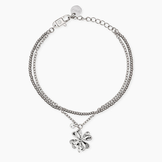 Bracciale Kidult in acciaio oro giallo con pietre naturali di quarzo rosa e ciondolo centrale a forma di cuore lucido.