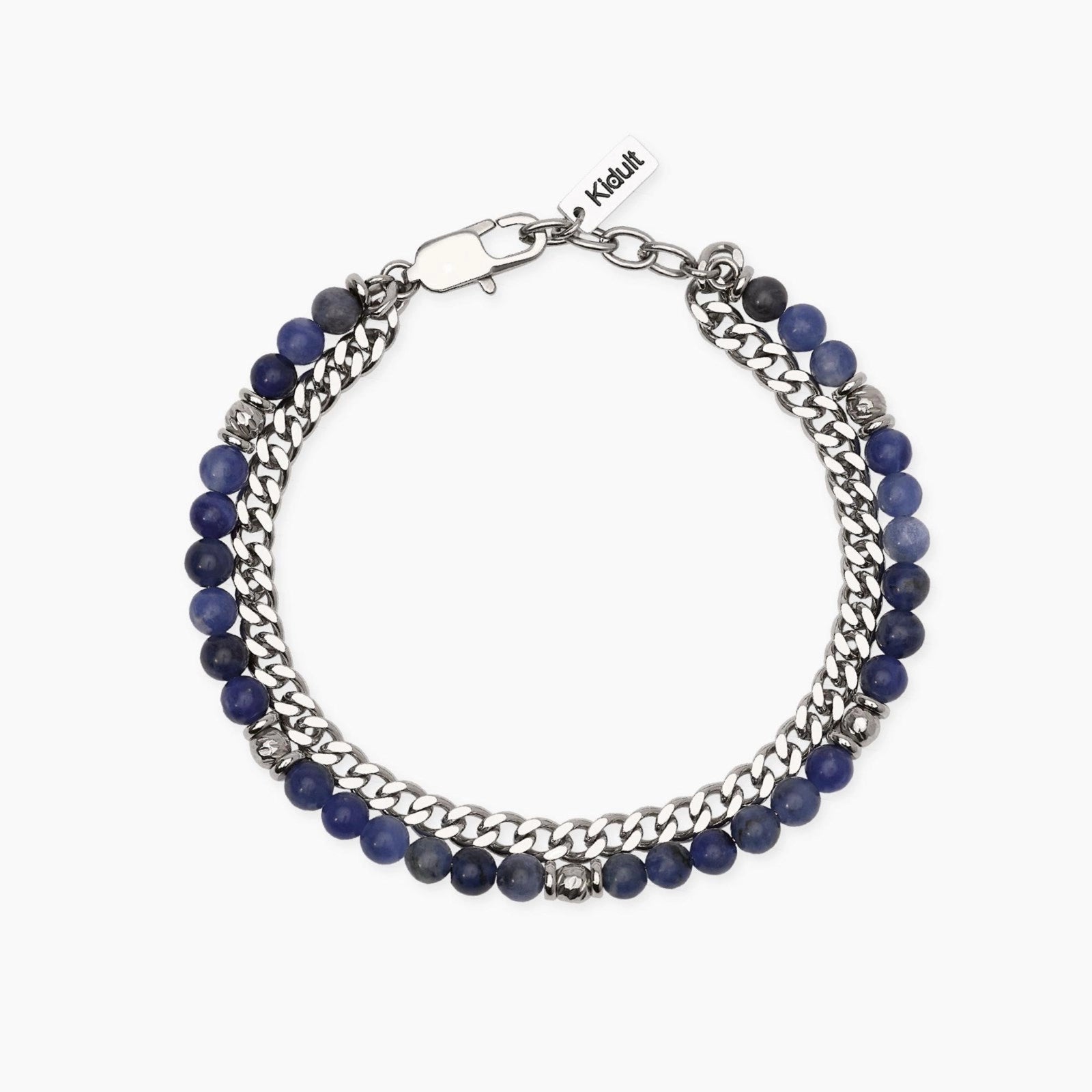 Bracciale a catenina Kidult in acciaio con finitura oro giallo e piccole sfere di agata rossa naturale alternate.