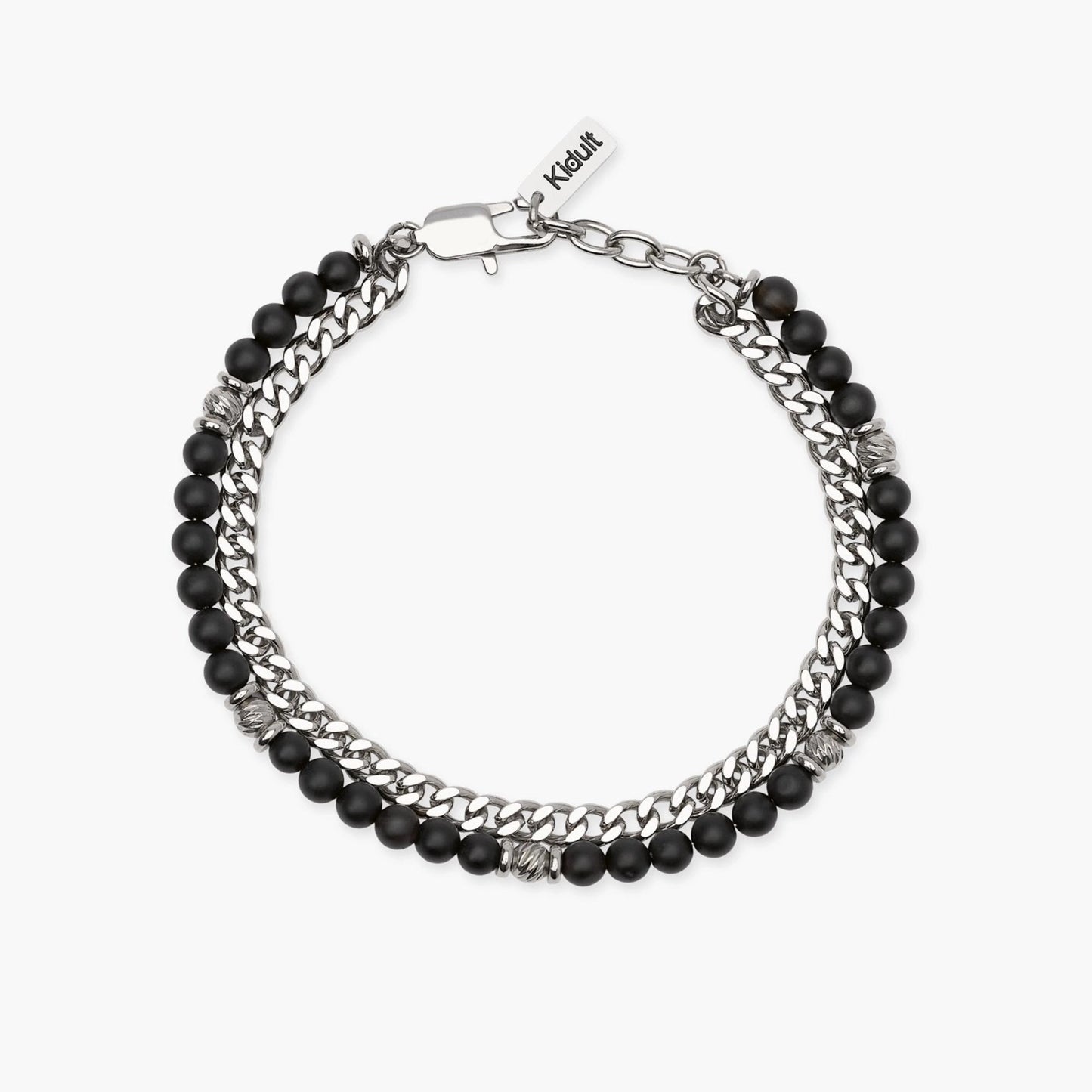 Bracciale a catenina Kidult in acciaio silver con piccole pietre naturali di agata rossa alternate lungo la struttura.