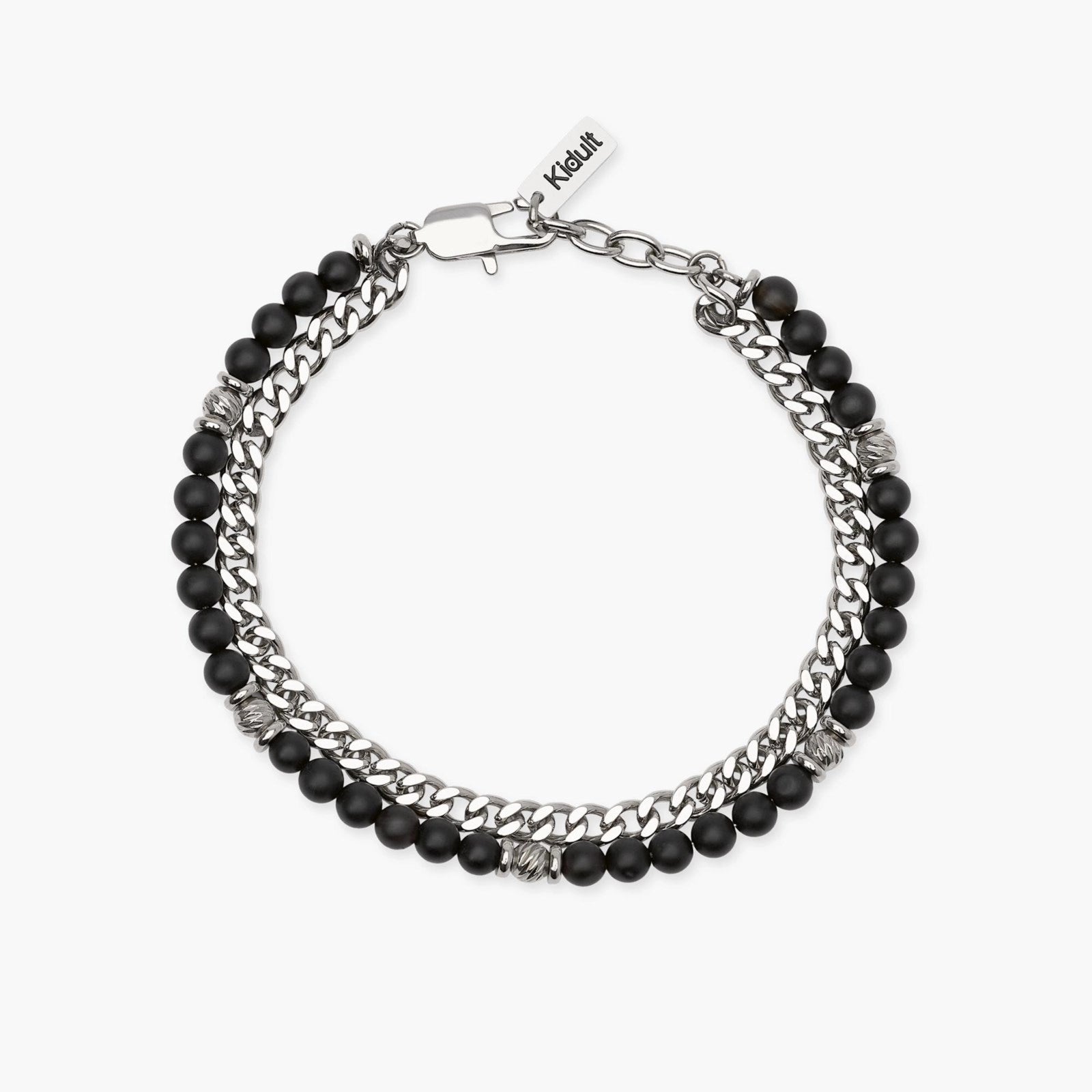 Bracciale a catenina Kidult in acciaio silver con piccole pietre naturali di agata rossa alternate lungo la struttura.