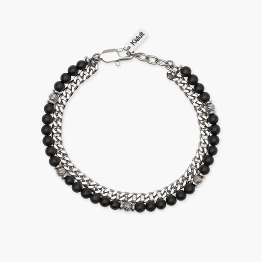Bracciale a catenina Kidult in acciaio silver con piccole pietre naturali di agata rossa alternate lungo la struttura.