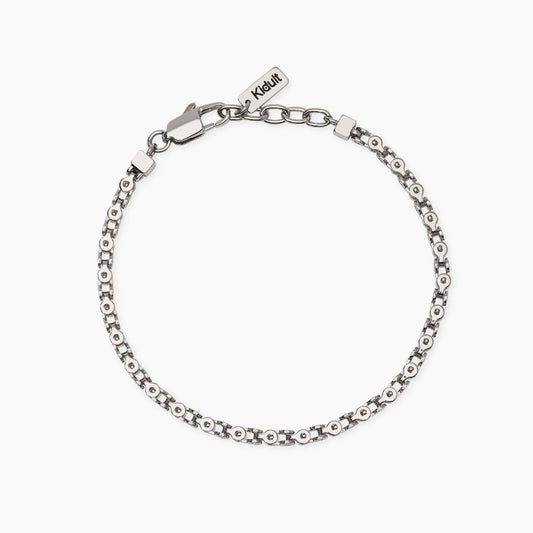 Bracciale a catenina Kidult in acciaio silver con piccole pietre naturali di quarzo rosa alternate.